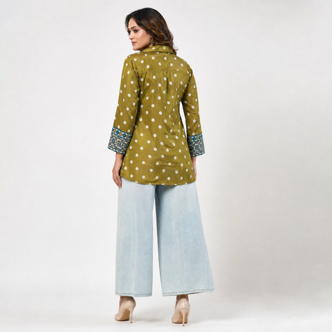 Rynoka Women's Olive Bandhani Print French Crepe Shirt Top