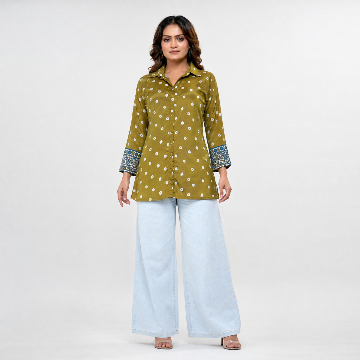 Rynoka Women's Olive Bandhani Print French Crepe Shirt Top