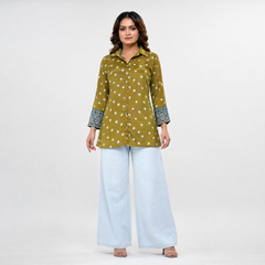 Rynoka Women's Olive Bandhani Print French Crepe Shirt Top
