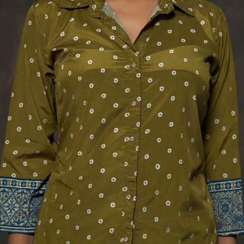 Olive Bandhani Print French Crepe Shirt Top for Women