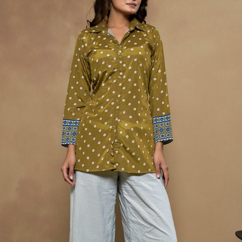 Olive Bandhani Print French Crepe Shirt Top for Women