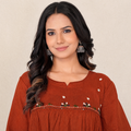 Rust Orange Embroidered Tiered Cotton Midi Dress for Women