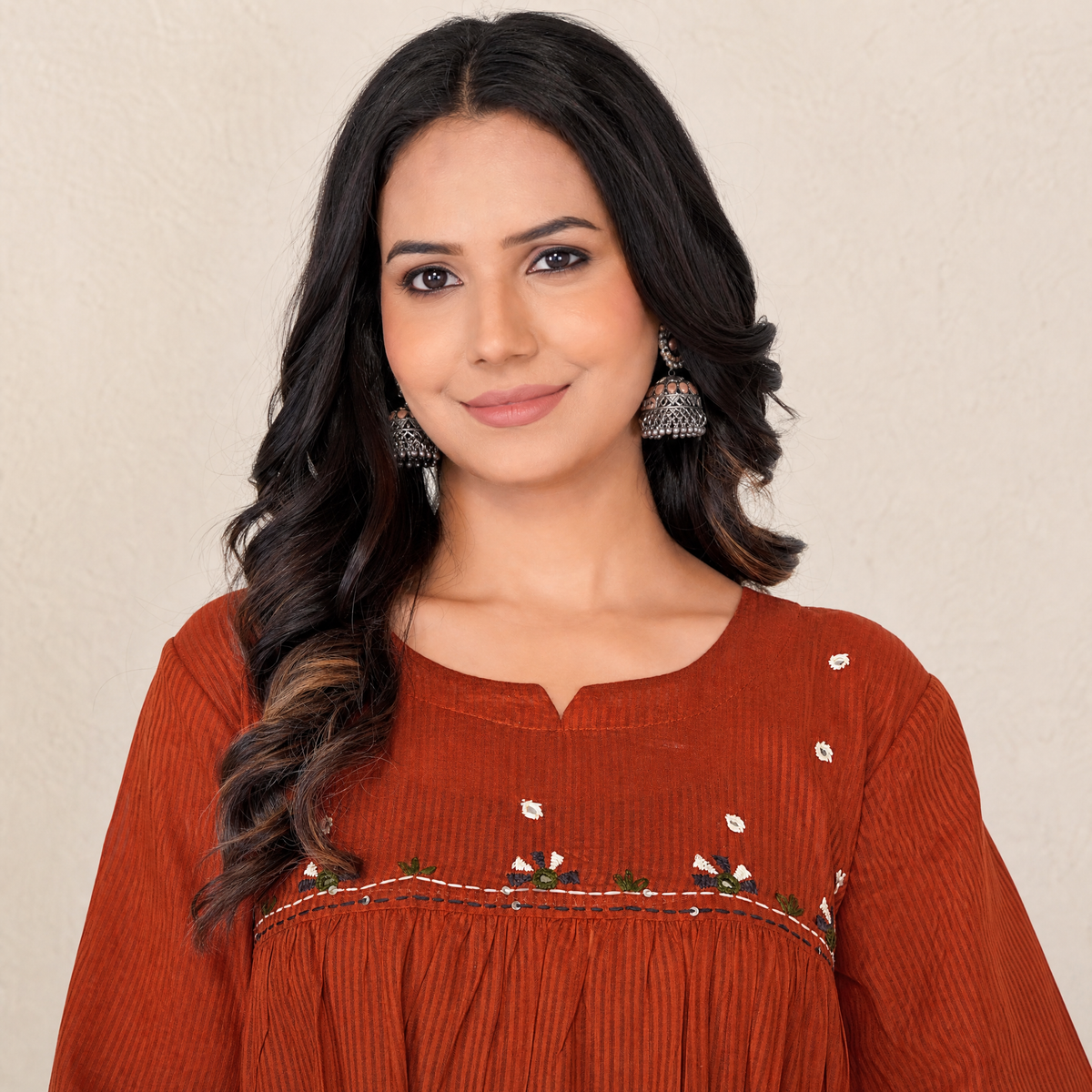 Rust Orange Embroidered Tiered Cotton Midi Dress for Women