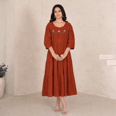 Rust Orange Embroidered Tiered Cotton Midi Dress for Women