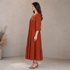 Rust Orange Embroidered Tiered Cotton Midi Dress for Women