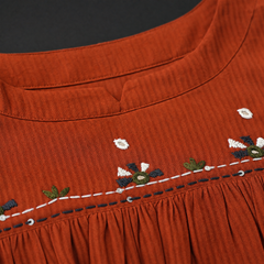 Rust Orange Embroidered Tiered Cotton Midi Dress for Women