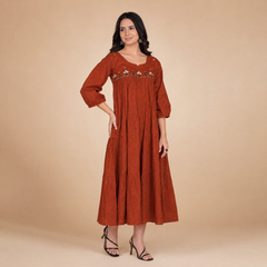 Rust Orange Embroidered Tiered Cotton Midi Dress for Women