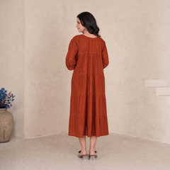 Rust Orange Embroidered Tiered Cotton Midi Dress for Women