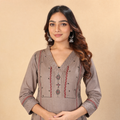 Taupe Mirror-Embroidered Flex Cotton Kurti &amp; Palazzo Set for Women