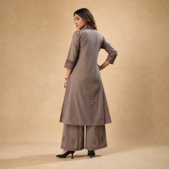 Taupe Mirror-Embroidered Flex Cotton Kurti &amp; Palazzo Set for Women