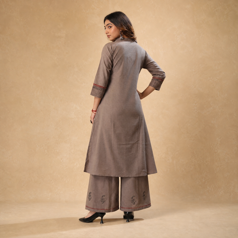 Taupe Mirror-Embroidered Flex Cotton Kurti &amp; Palazzo Set for Women