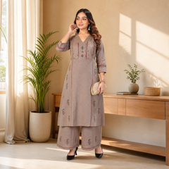 Taupe Mirror-Embroidered Flex Cotton Kurti &amp; Palazzo Set for Women