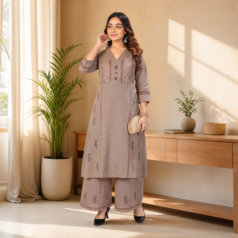 Taupe Mirror-Embroidered Flex Cotton Kurti &amp; Palazzo Set for Women