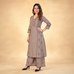 Taupe Mirror-Embroidered Flex Cotton Kurti &amp; Palazzo Set for Women