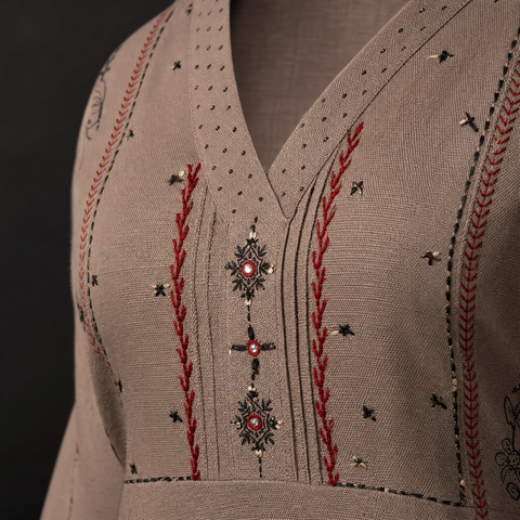 Taupe Mirror-Embroidered Flex Cotton Kurti &amp; Palazzo Set for Women