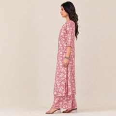 Pink Floral Print Cambric Cotton Kurti &amp; Palazzo Set for Women