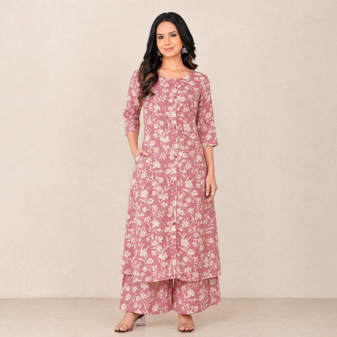 Pink Floral Print Cambric Cotton Kurti &amp; Palazzo Set for Women