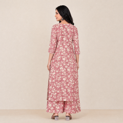 Pink Floral Print Cambric Cotton Kurti &amp; Palazzo Set for Women