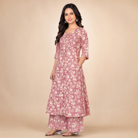 Pink Floral Print Cambric Cotton Kurti &amp; Palazzo Set for Women