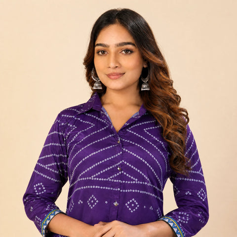 Purple Bandhani Print French Crepe Shirt Top for Women