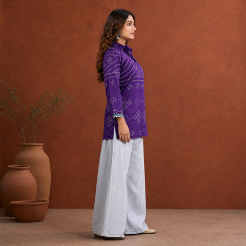 Purple Bandhani Print French Crepe Shirt Top for Women