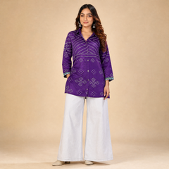 Purple Bandhani Print French Crepe Shirt Top for Women