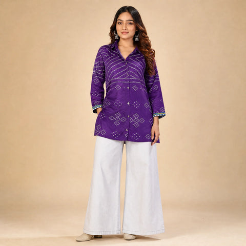 Purple Bandhani Print French Crepe Shirt Top for Women
