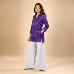 Purple Bandhani Print French Crepe Shirt Top for Women