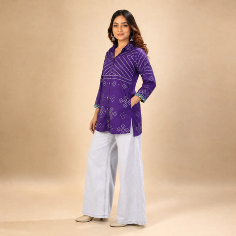 Purple Bandhani Print French Crepe Shirt Top for Women