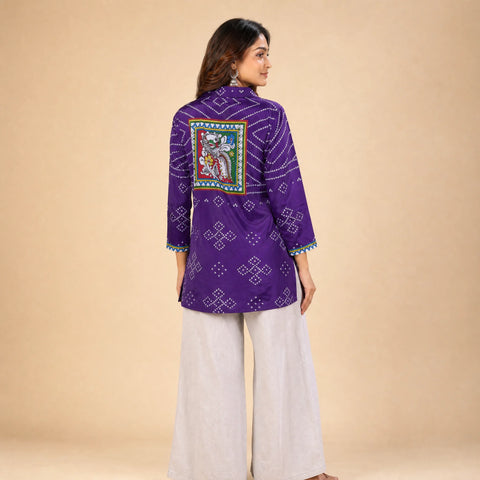 Purple Bandhani Print French Crepe Shirt Top for Women