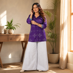 Purple Bandhani Print French Crepe Shirt Top for Women