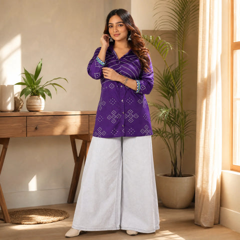 Purple Bandhani Print French Crepe Shirt Top for Women