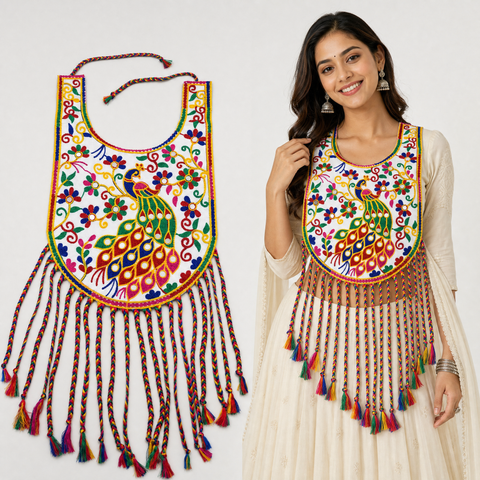 Mor Bharat hand-embroidered kanthi neck yoke with peacock motifs and mirror work
