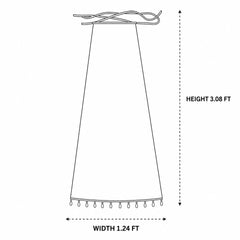 Black and white line drawing of a hanging curtain or drape with dimension labels showing height 3.08 ft and width 1.24 ft.