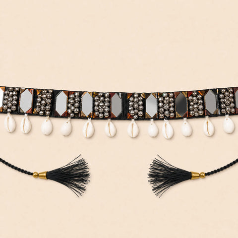 Kesari Kandora Hand-Set Mirror & Bead Belt with Cowrie Shells for Lehenga & Chaniya Choli