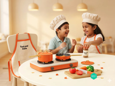 Two children in chef hats and aprons playing with toy cookware and food items in a kitchen setting.