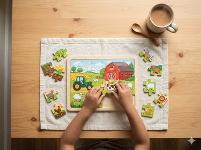 Child playing with a farm-themed puzzle on a wooden table with a cup of coffee and spoon.