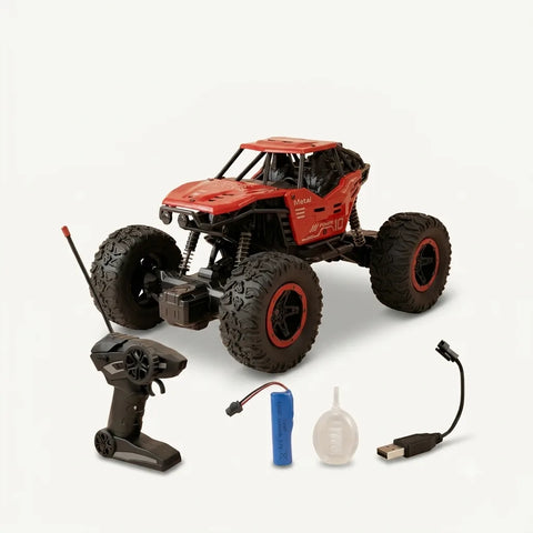 Red remote control monster truck with accessories on a white background